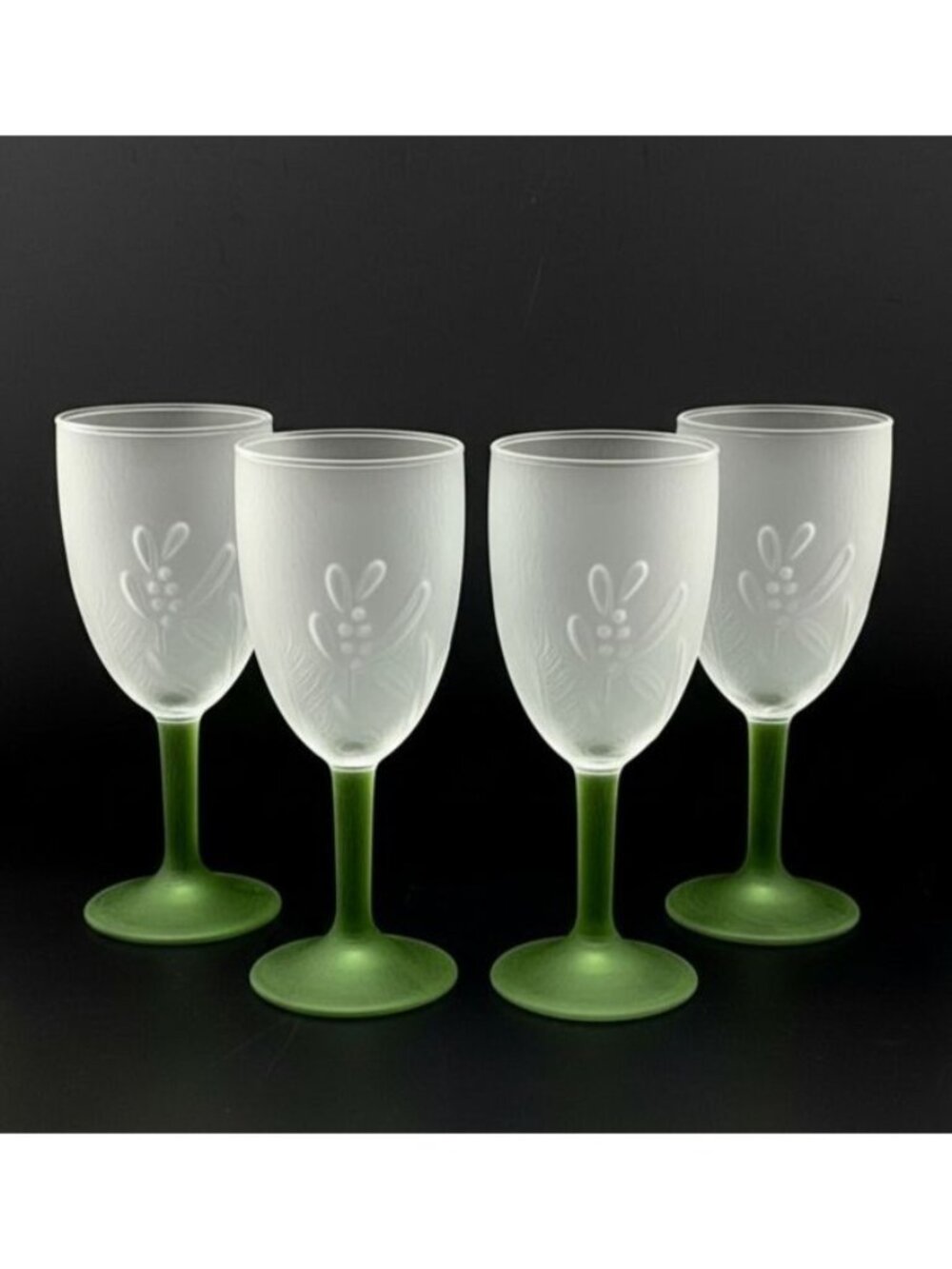 Set Of 4 Pfaltzgraff Winterwood Frosted Goblets With Green Stem & embossed flora